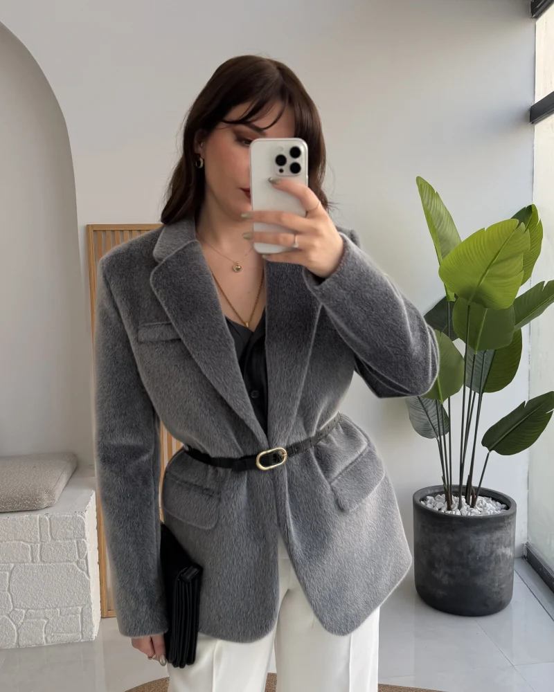 Premium Kemerli Vatkalı Peluş Ceket - Antrasit - Kod: 9490