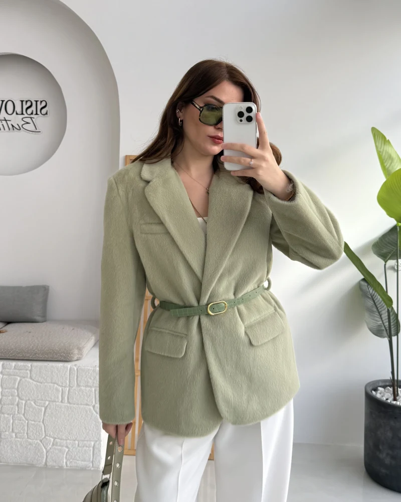 Premium Kemerli Vatkalı Peluş Ceket - Yeşil - Kod: 9490