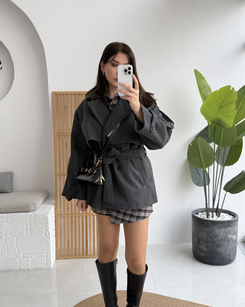 Premium Kuşaklı Kaşe Kaban - Antrasit - Kod: 9669