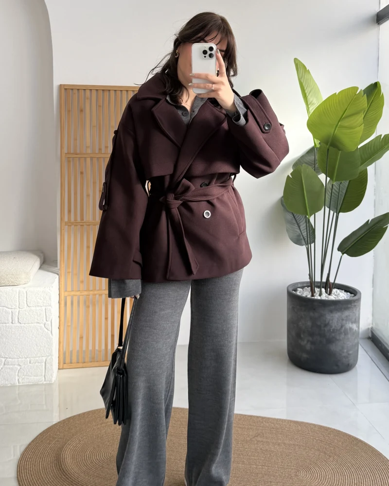 Premium Kuşaklı Kaşe Trenç - Mürdüm Kahve Tonları - Kod: 9669