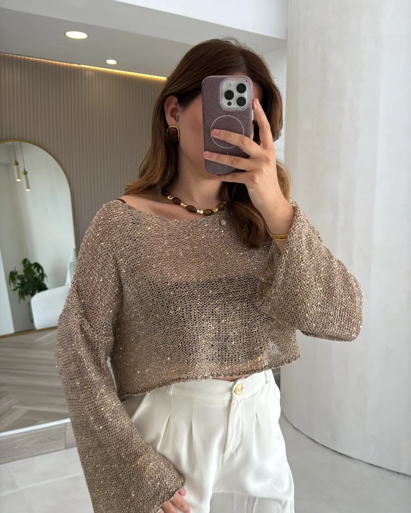 Pullu Kayık Yaka Crop Üst - Bej - Kod: 2765