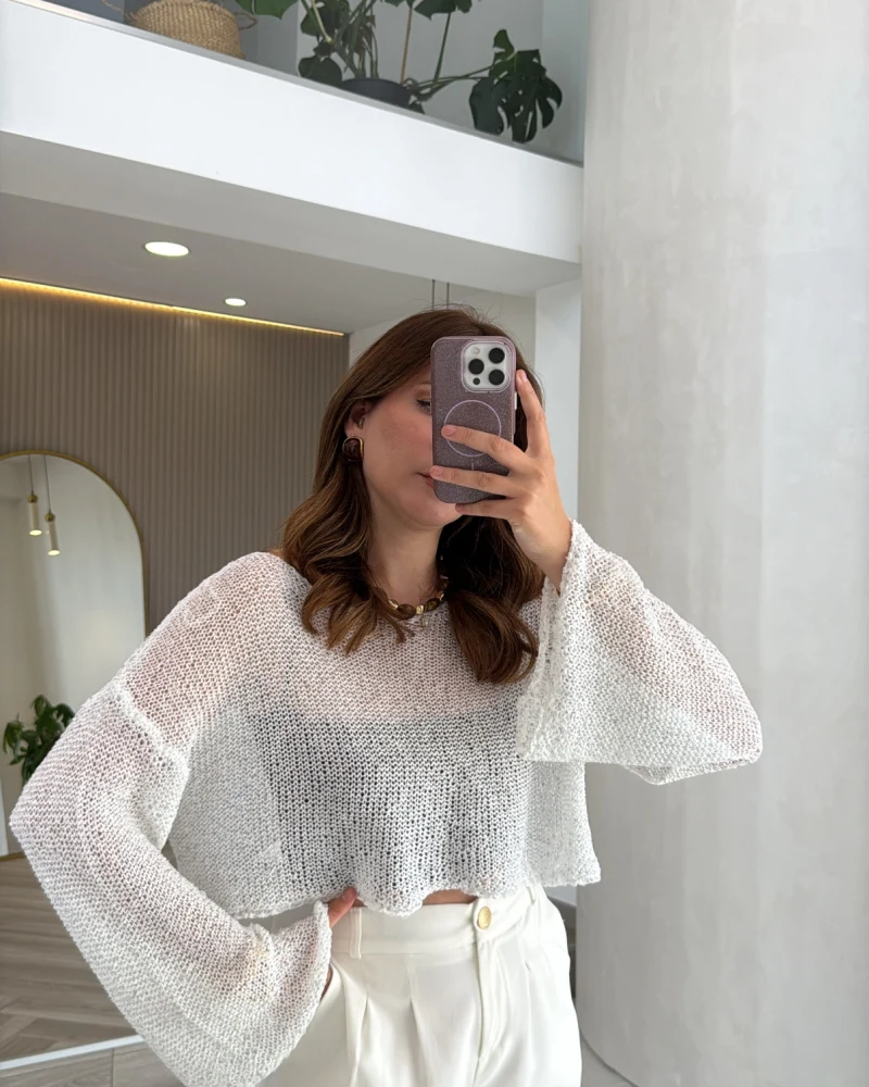 Pullu Kayık Yaka Crop Üst - Ekru - Kod: 2765
