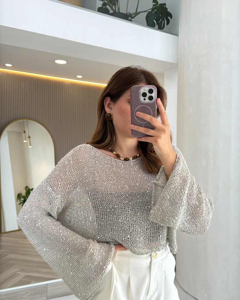 Pullu Kayık Yaka Crop Üst - Gri - Kod: 2765