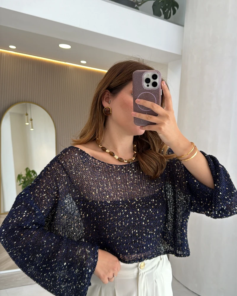 Pullu Kayık Yaka Crop Üst - Lacivert - Kod: 2765