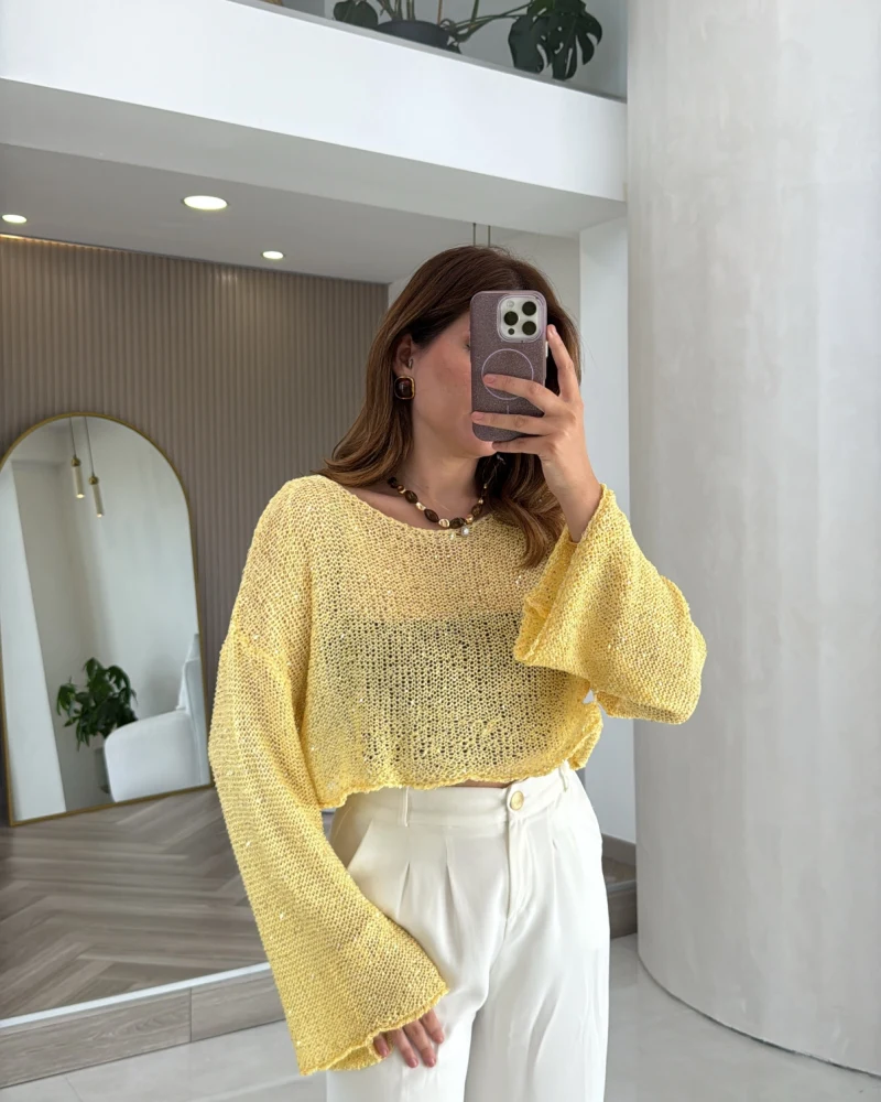 Pullu Kayık Yaka Crop Üst - Sarı - Kod: 2765