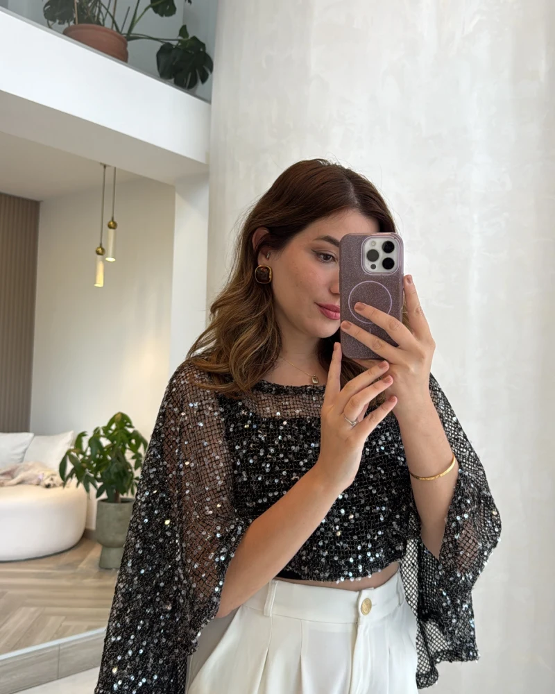 Pullu Pelerin Bluz - Siyah - Kod: 1119