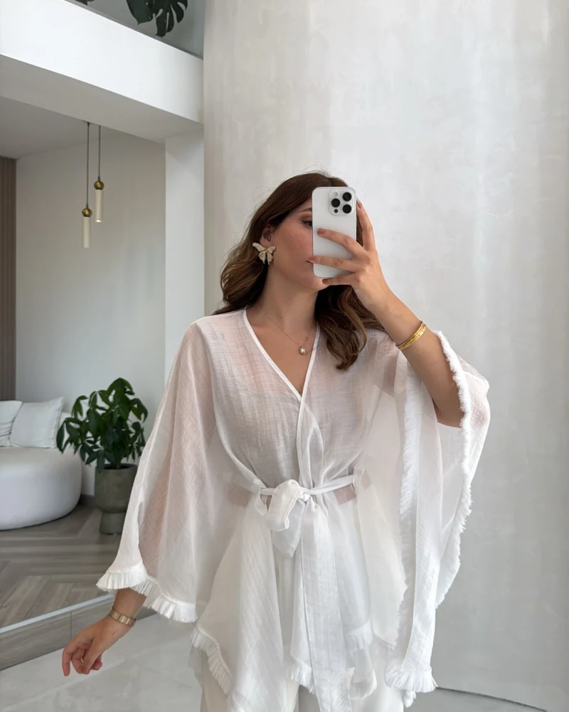 Püsküllü Kimono - Beyaz - Kod: 5101