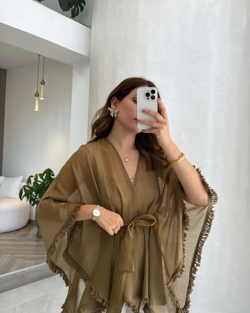 Püsküllü Kimono - Olive - Kod: 5101