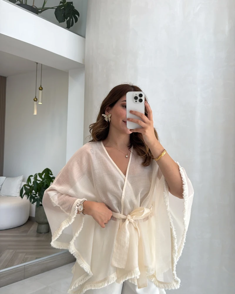 Püsküllü Kimono - Taş - Kod: 5101