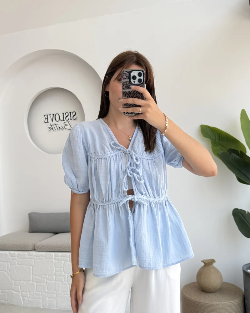 Rachel Bağlamalı Bluz Müslin Kumaş Bebe Mavisi - 1024