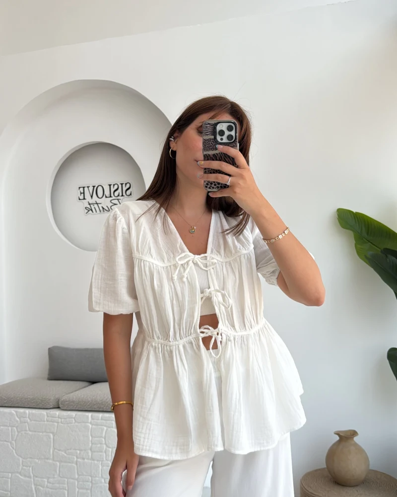 Rachel Bağlamalı Bluz Müslin Kumaş Beyaz - 1024