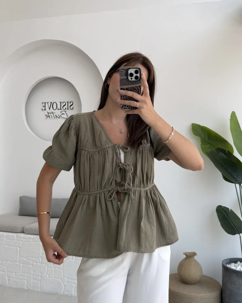 Rachel Bağlamalı Bluz Müslin Kumaş Haki - 1024