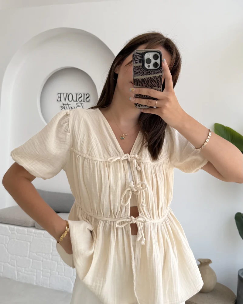 Rachel Bağlamalı Bluz Müslin Kumaş Krem - 1024