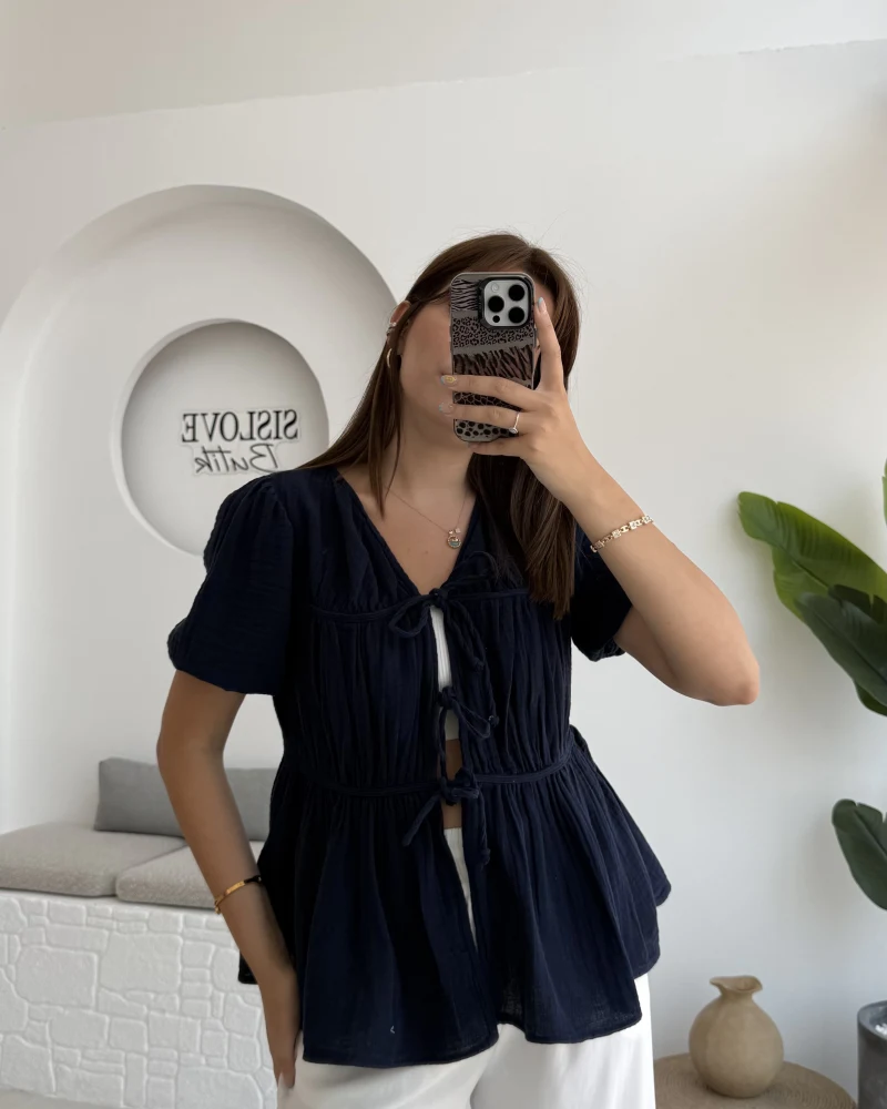 Rachel Bağlamalı Bluz Müslin Kumaş Lacivert - 1024