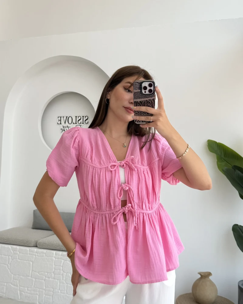 Rachel Bağlamalı Bluz Müslin Kumaş Pembe - 1024