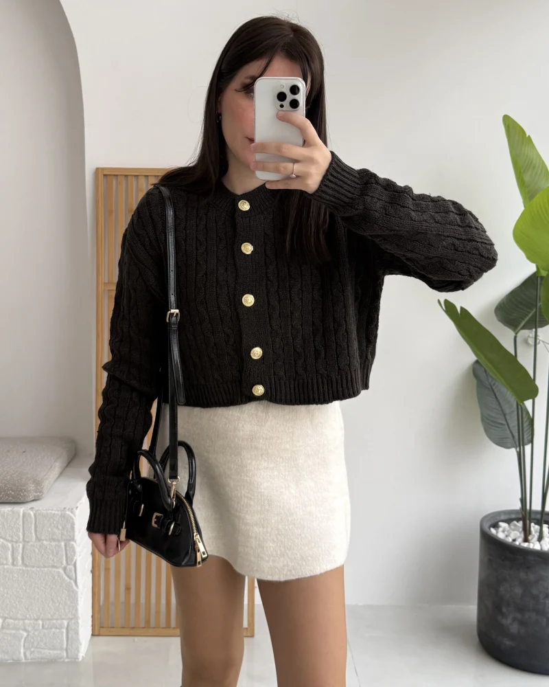 Rachel Gold Düğme Detay Crop Hırka - Acı Kahve