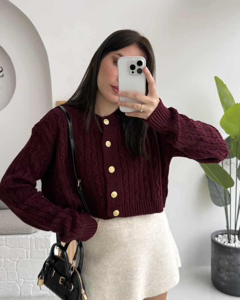 Rachel Gold Düğme Detay Crop Hırka - Bordo