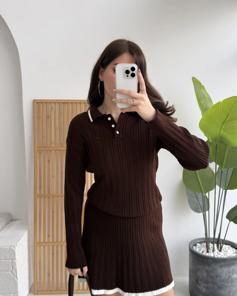 Rakel Polo Yaka Saç Örgülü Triko Mini Etek Takım - Acı Kahve