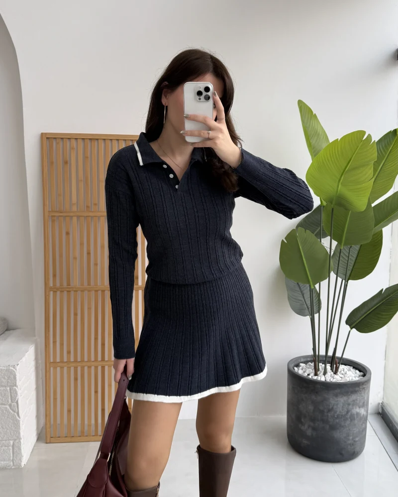 Rakel Polo Yaka Saç Örgülü Triko Mini Etek Takım - Lacivert