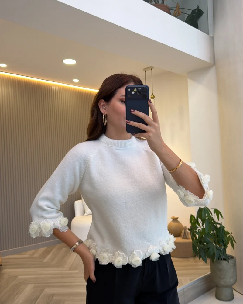Rose Detay Triko Kazak - Ekru - Kod: 9108