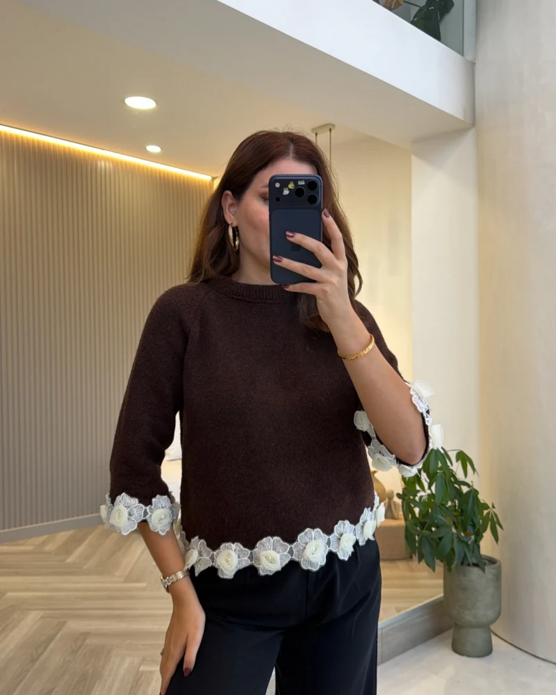 Rose Detay Triko Kazak - Kahve - Kod: 9108