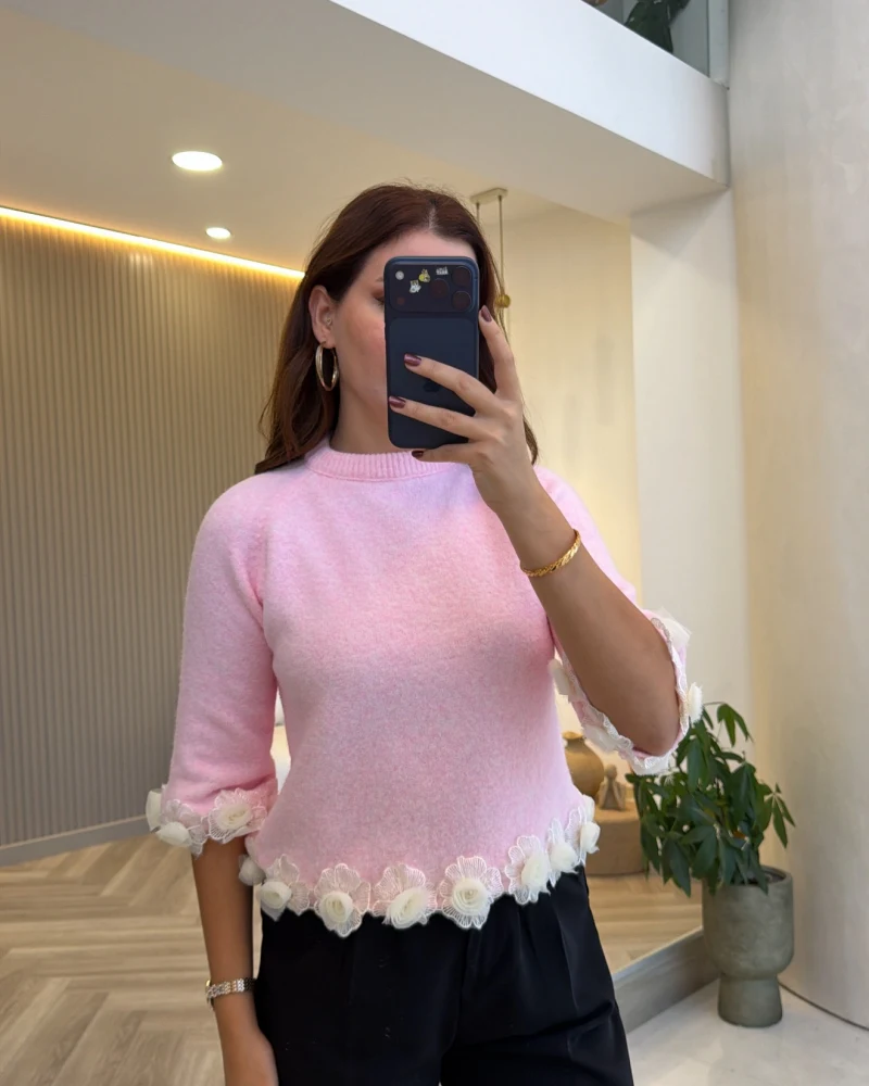Rose Detay Triko Kazak - Pembe - Kod: 9108