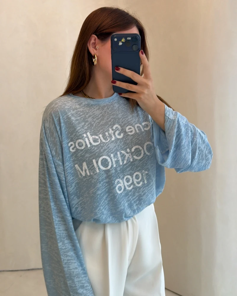 Rowe Baskı Detay Tshirt - Mavi - Kod: 1113