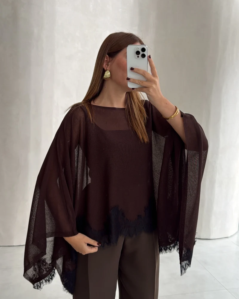 Rusty Dantel Detay Transparan Pelerin - Kahve - Kod: 2856