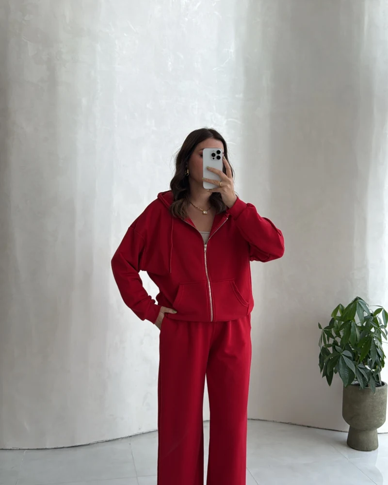 Ruth Kapüşonlu Hırka Eşofman Takım - Kırmızı