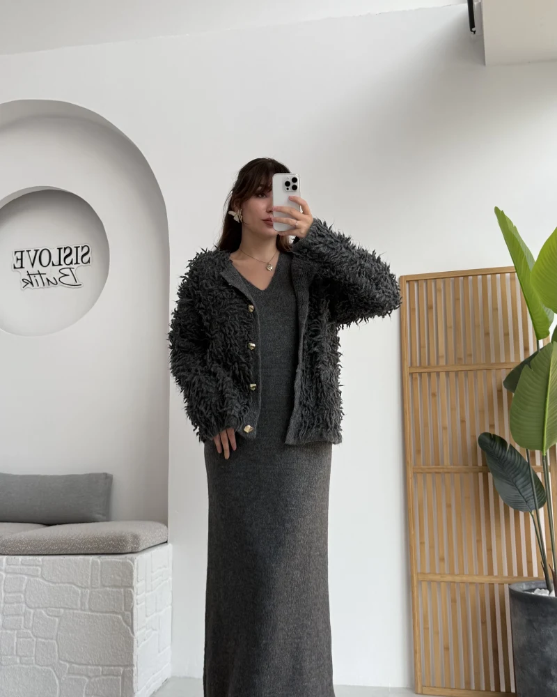 Saçaklı Hırka Elbise Takım - Antrasit - Kod: 9062-9063