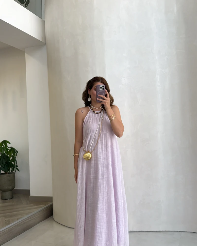 Şallı Askılı Elbise - Lila - Kod: 3428