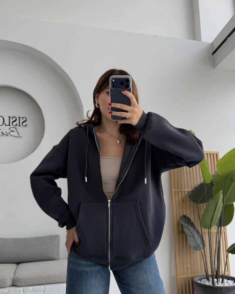 Samantha 3 İplik Fermuarlı Kapşonlu Hırka - Antrasit - Kod: 2992