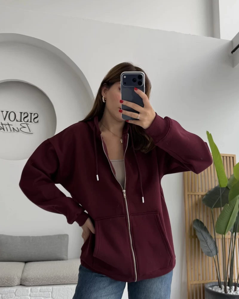 Samantha 3 İplik Fermuarlı Kapşonlu Hırka - Bordo- Kod: 2992