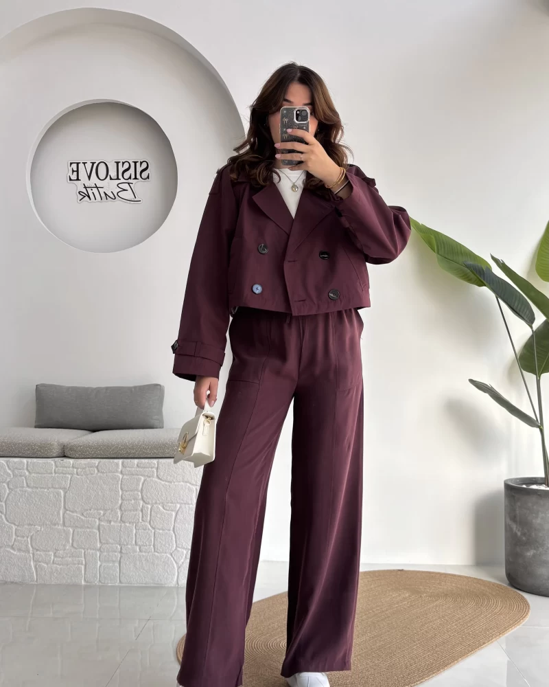 Saranda Beli Lastikli Bağlamalı Pantolon - Mürdüm - Kod: 51120