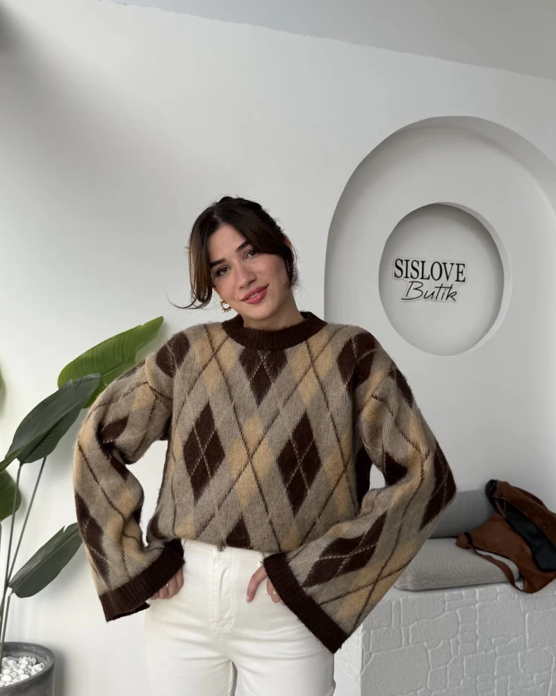 Şardon Baklavalı Kazak - Kahve - Kod: 04603