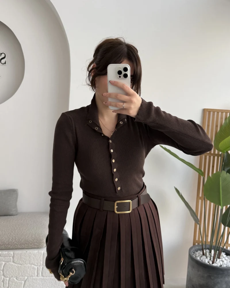 Sasha Dik Yaka Düğmeli Triko Kazak - Acı Kahve