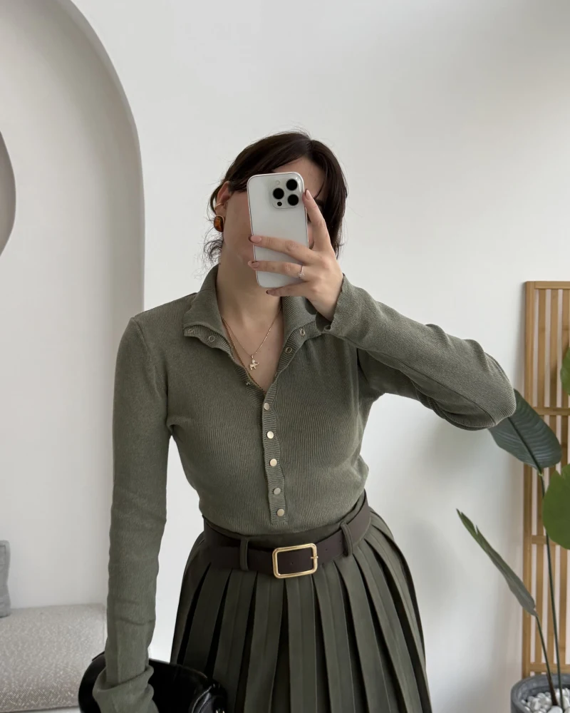 Sasha Dik Yaka Düğmeli Triko Kazak - Haki