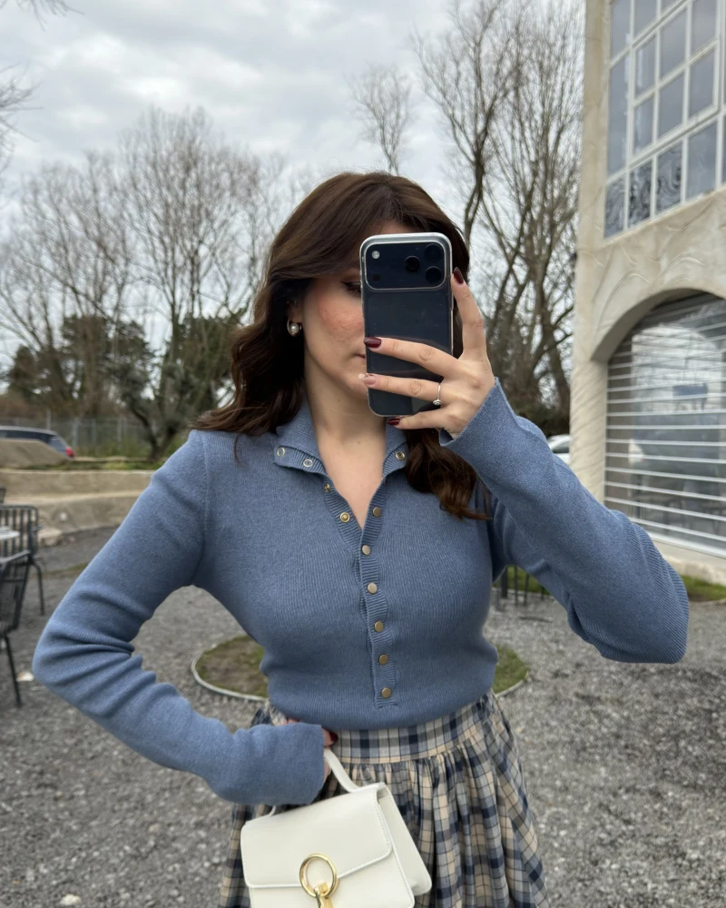 Sasha Dik Yaka Düğmeli Triko Kazak - İndigo