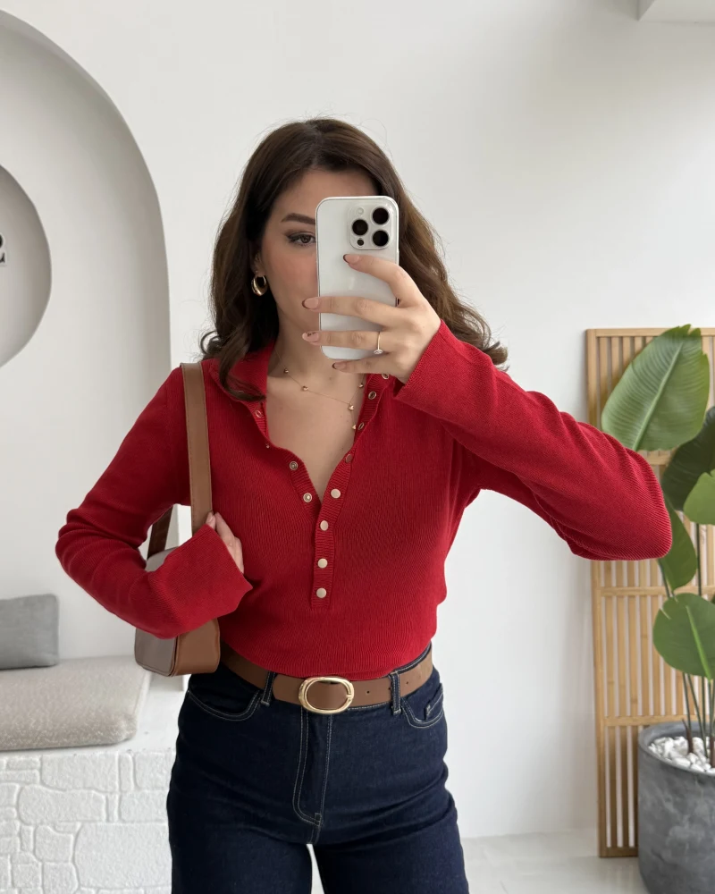 Sasha Dik Yaka Düğmeli Triko Kazak - Kırmızı