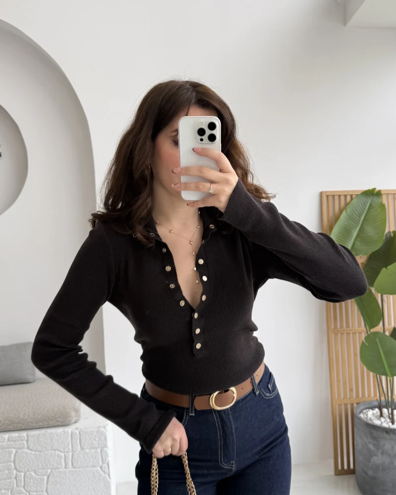 Sasha Dik Yaka Düğmeli Triko Kazak - Siyah Tonlu