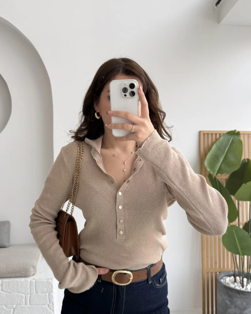 Sasha Dik Yaka Düğmeli Triko Kazak - Vizon