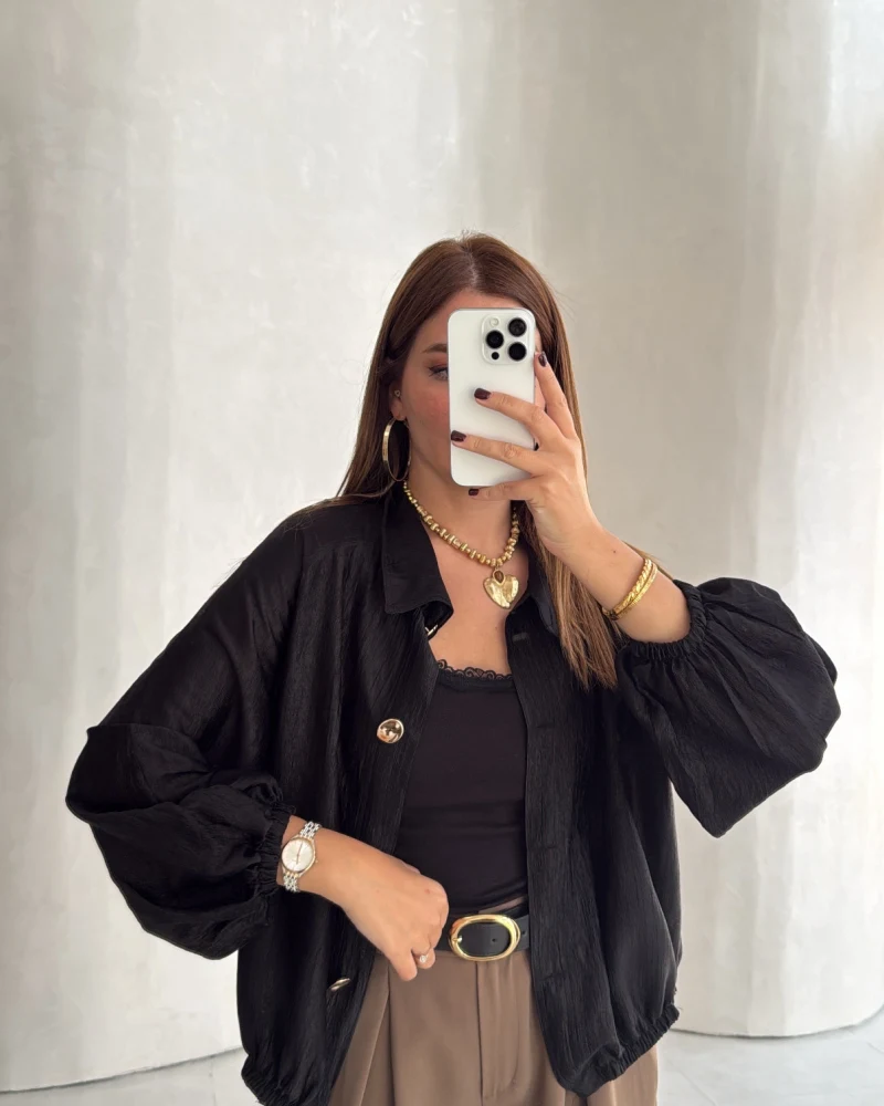 Saten Bomber İnce Ceket - Siyah - Kod: 9775