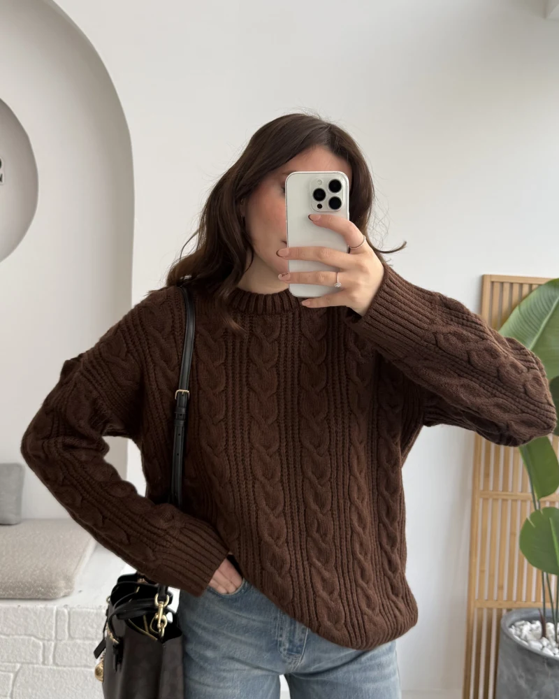 Selani Bisiklet Yaka Örgü Kazak - Acı Kahve - Kod: 4519