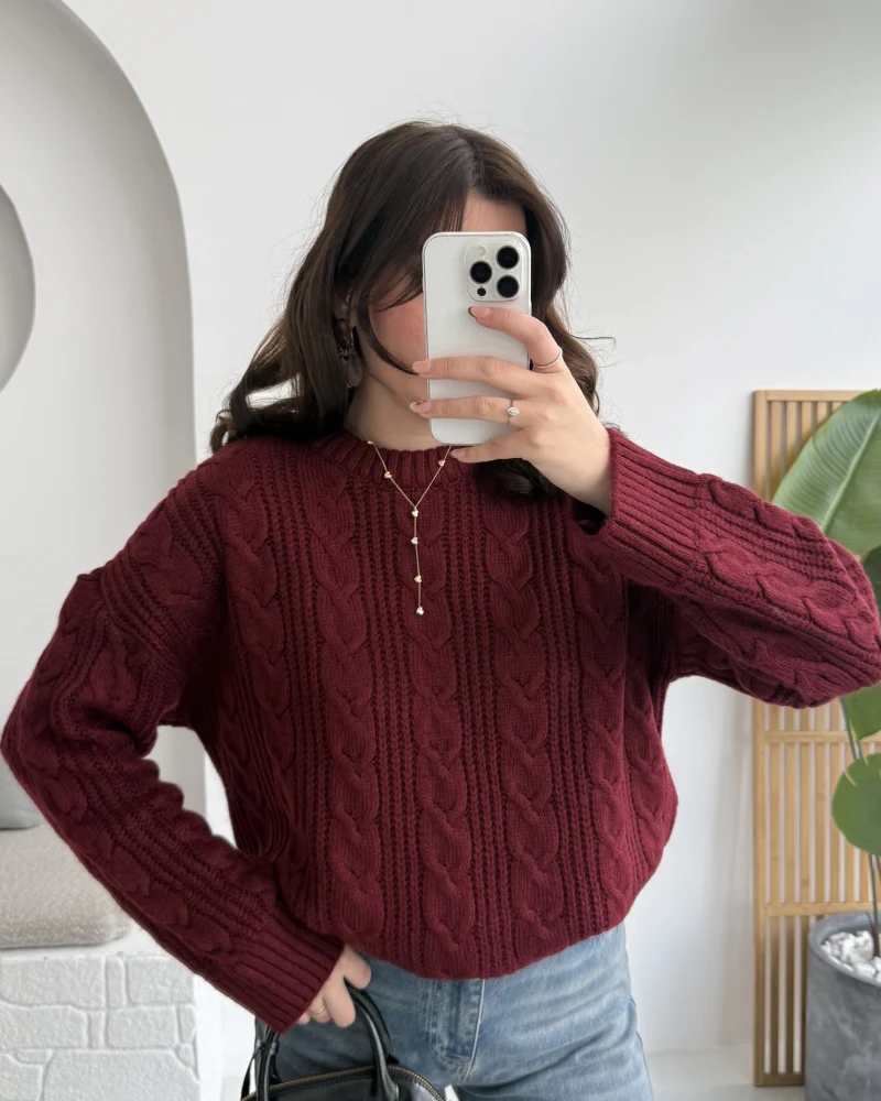 Selani Bisiklet Yaka Örgü Kazak - Bordo - Kod: 4519