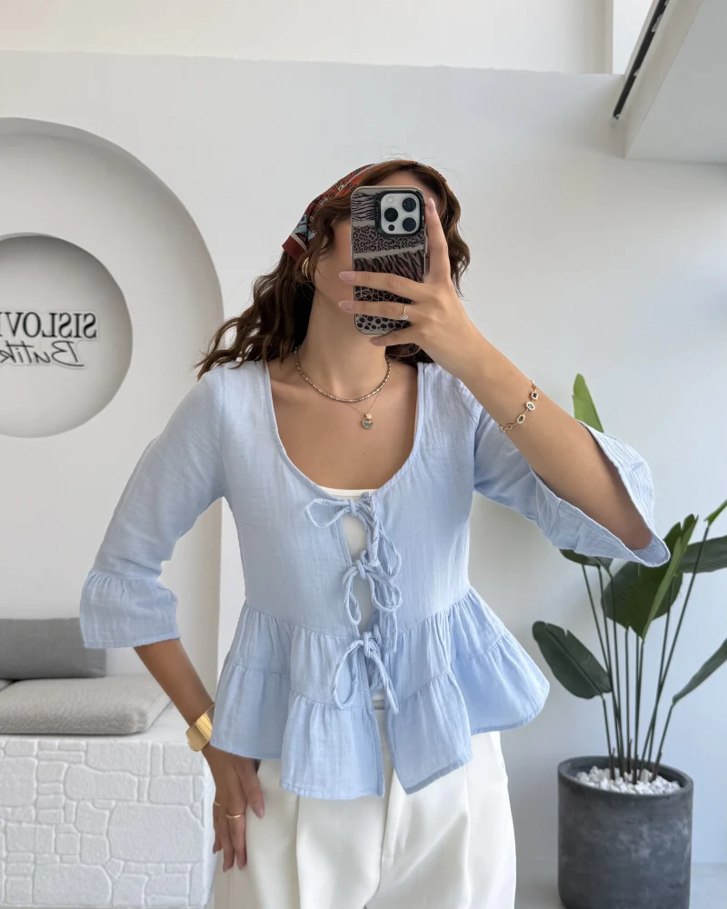 1013 - Seren Katlı Bağlamalı Bluz - Bebe Mavisi