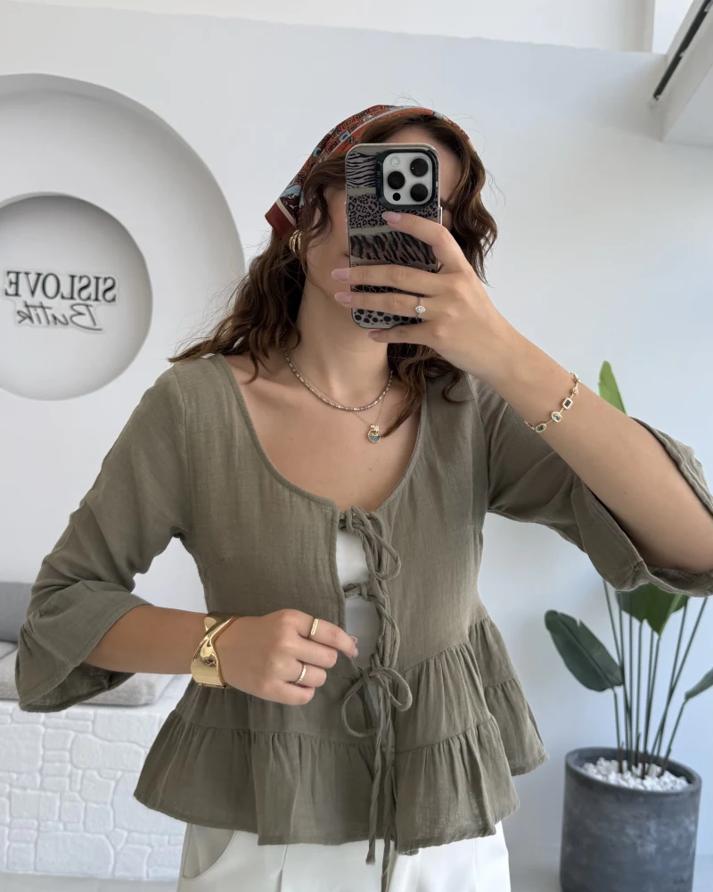 1013 - Seren Katlı Bağlamalı Bluz - Haki