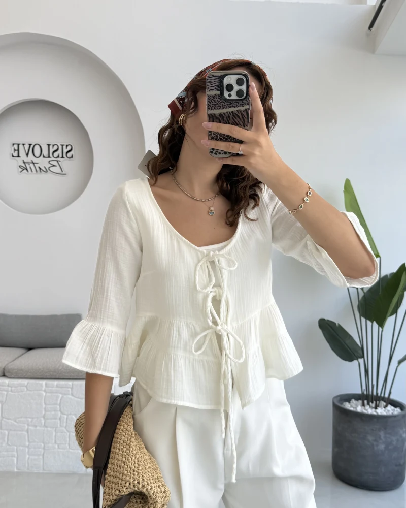 1013 - Seren Katlı Bağlamalı Bluz - Kırık Beyaz