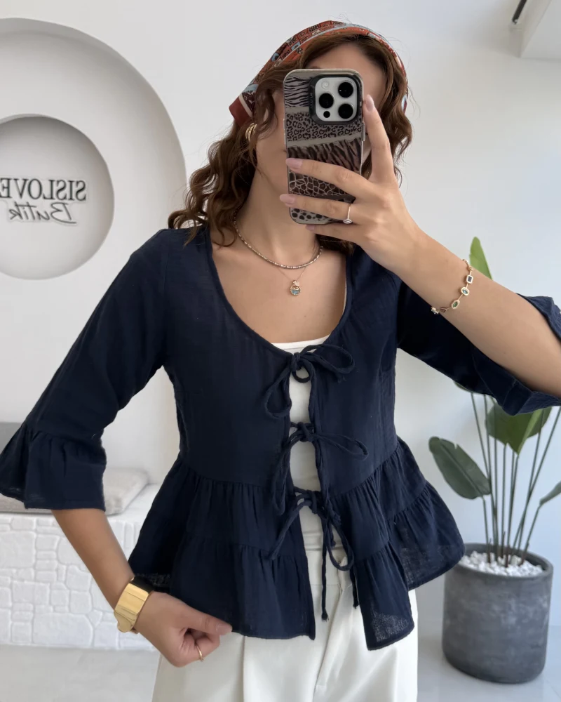 1013 - Seren Katlı Bağlamalı Bluz - Lacivert