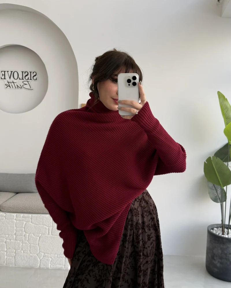 Shirley Asimetrik Kesim Boğazlı Triko Panço - Bordo