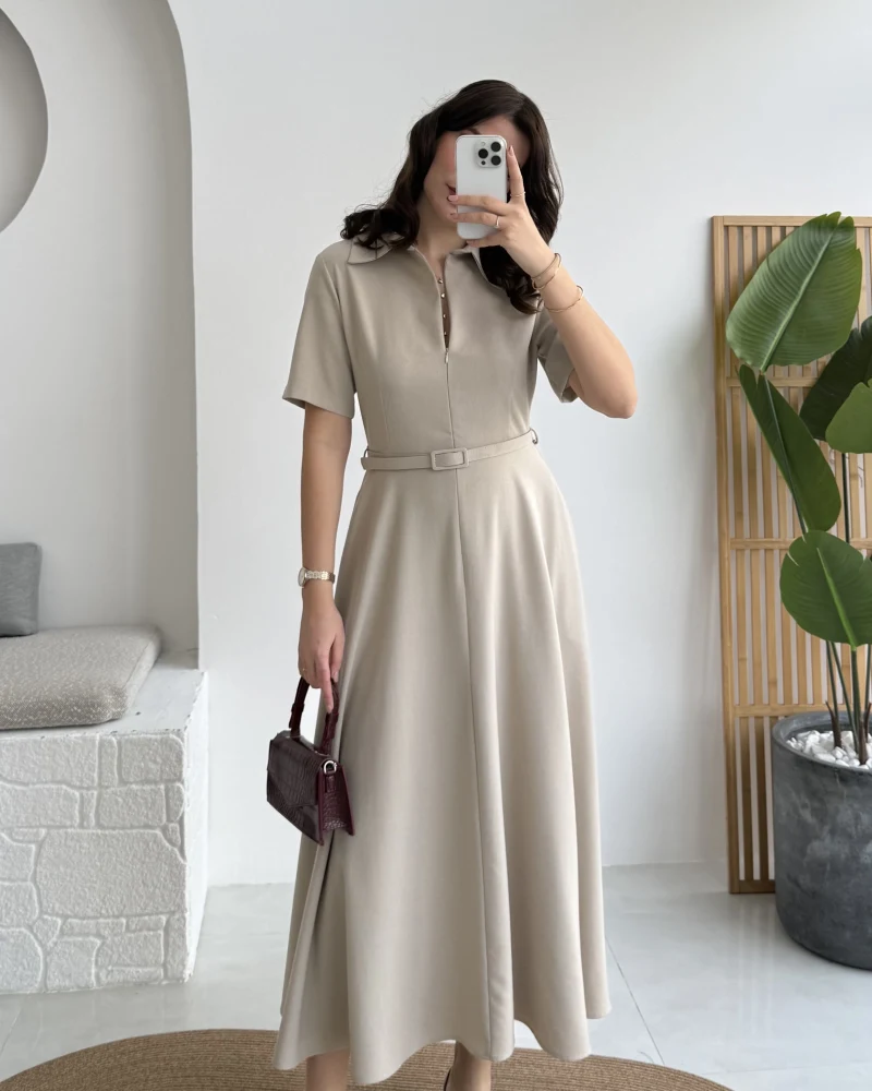 Sia Kısa Kol Kemerli Elbise - Taş - Kod: 2341